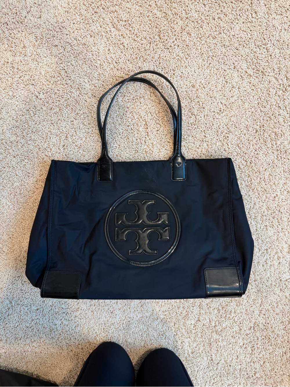 Tory Burch Navy Nylon Logo Tote with Black Trim